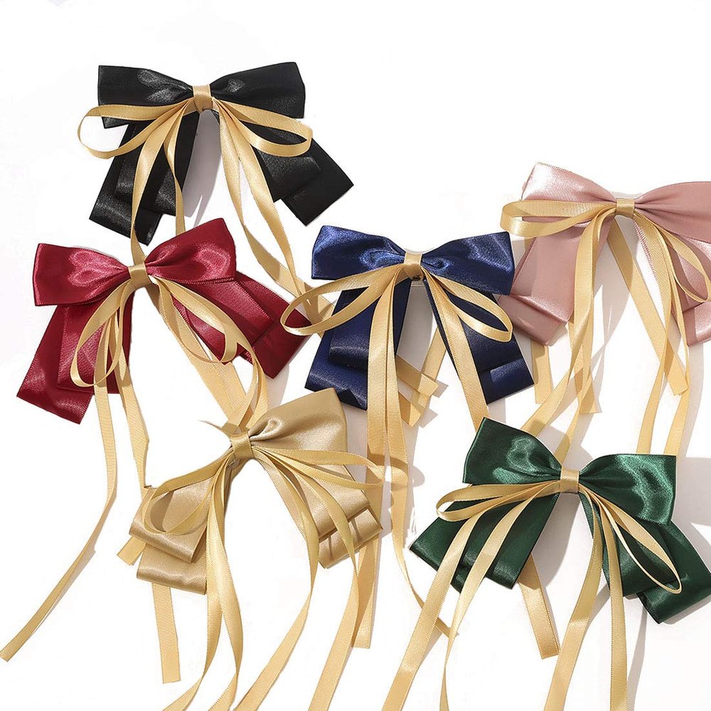 6PCS French Barrette Soft Silky Hair Bow Clip Bow Hair Clips Long Silk Ribbon Hair Bands Hair Scarf Hair Ties Women Barrettes
