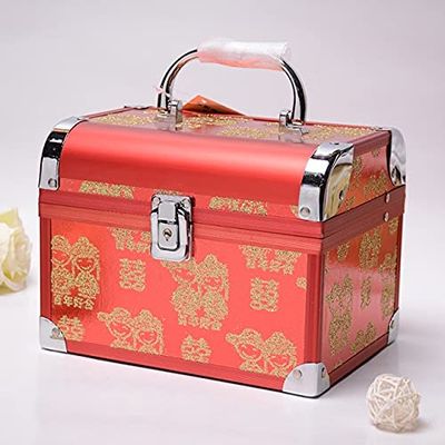 Anncus 201515cm Double Layers Red Suitcase for Wedding Makeup Jewelry Organizer Chinese Style Cosmetics Case Portable PU Storage Box - (Color: Red)