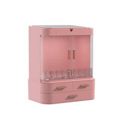 Anncus cosmetic storage box with mirror LED light large capacity drawer type desktop dressing table cosmetic storage box - (Size: Ordinary mirror, Color: pink)
