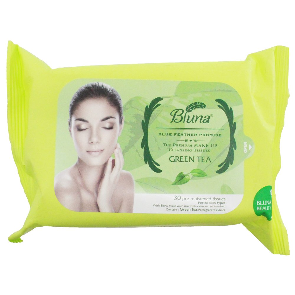 Bluna Facial Make-Up Cleansing Tissue for All Skin Types, Green Tea, 30ct per pack (2 PACK)