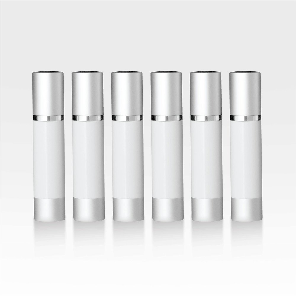 Cosmetic Packaging Now Luxe Airless Bottle, White Airless Bottles w/Matte Silver Cap, Multi-Pack Bundle (15 ML, 6 Pack)