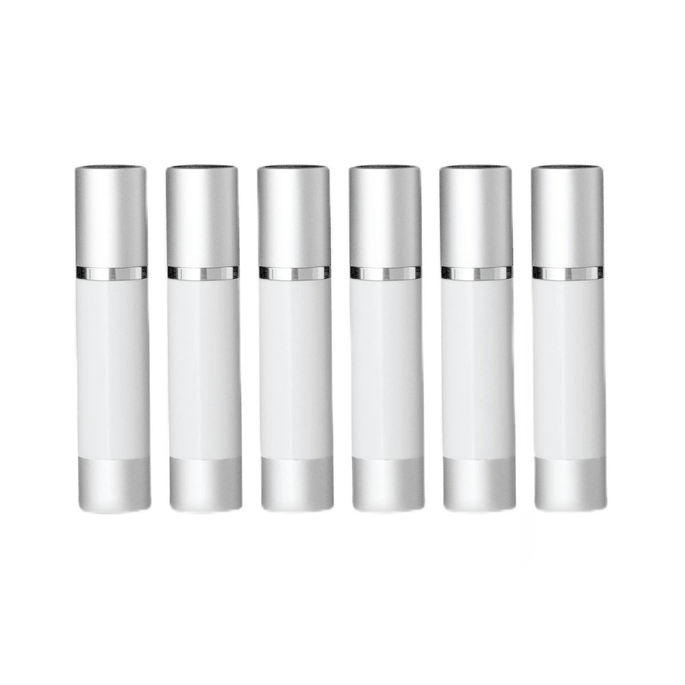 Cosmetic Packaging Now Luxe Airless Bottle, White Airless Bottles w/Matte Silver Cap, Multi-Pack Bundle (50 ML, 6 Pack)