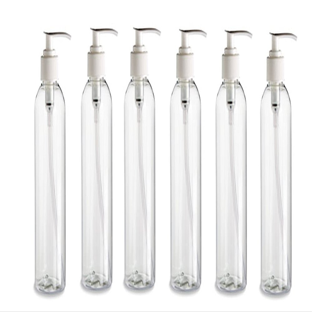 Natural Farms 6 Pack  8 oz -Clear Cosmo Plastic Bottles  White Pump - for Essential Oils, Perfumes, Cleaning Products