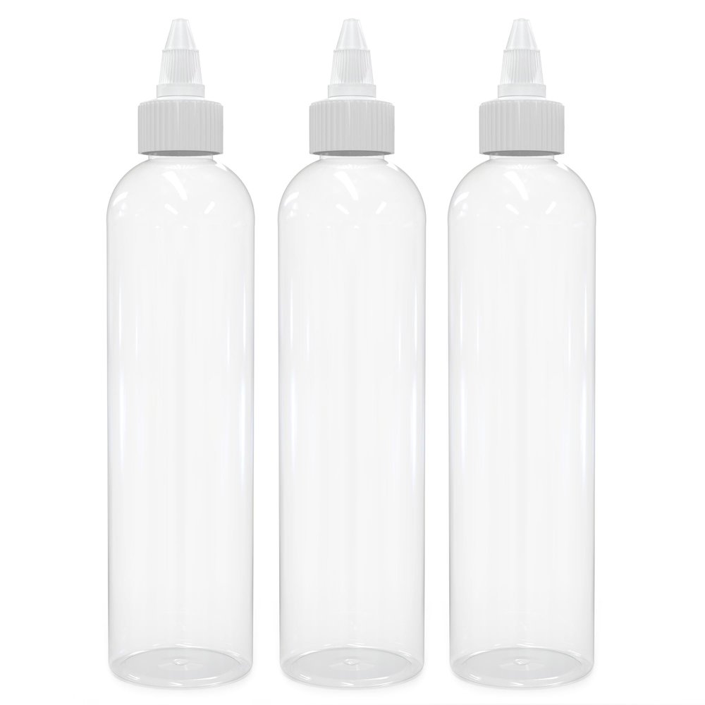 BRIGHTFROM Twist Top Applicator Bottles, 8 OZ Crystal Clear, Squeeze Empty Plastic Bottles, BPA-Free, PET, Refillable, Open/Close Nozzle - Multi Purpose (Pack of 3)