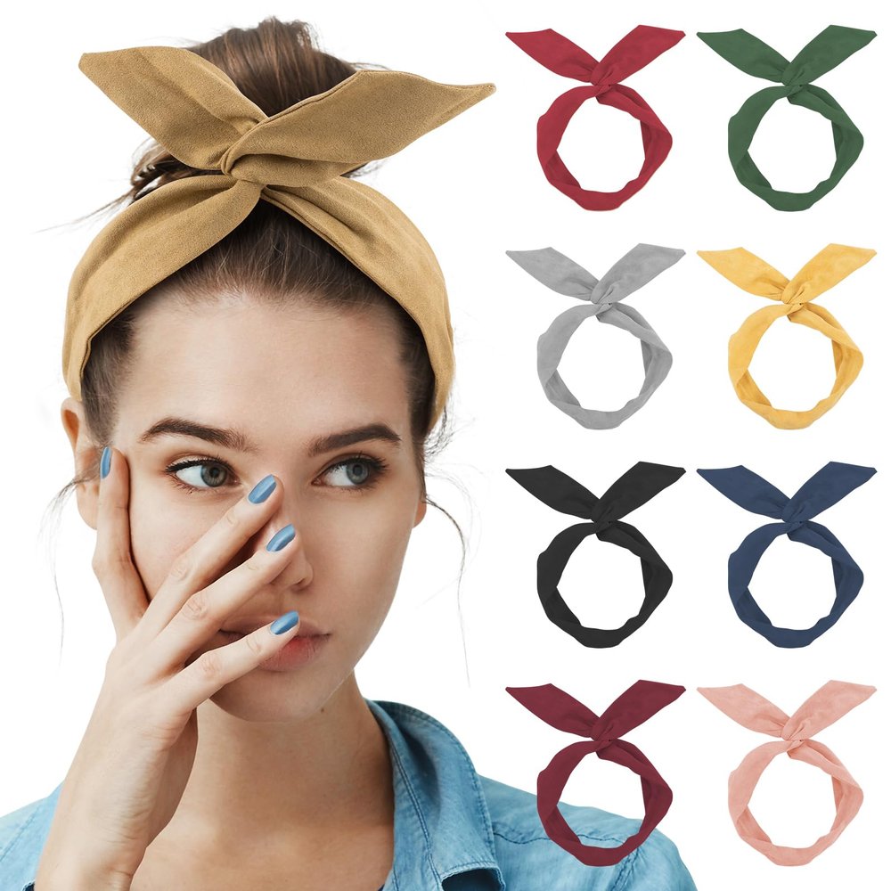AUEAR, 9 Pack Solid Color Twist Bow Headband Wired Hair Tie Wire Headbands Rabbit Ear Head Wraps for Women Girls Accessories