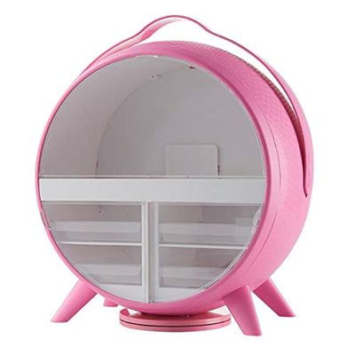 Anncus 360 degree rotating cosmetic storage box, multi-function LED makeup mirror desktop storage skin care cosmetic box LB72305 - (Color: Pink With lights)