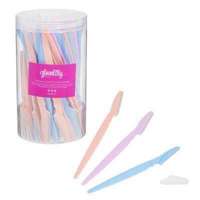 Glamlily Facial Dermaplaning Tool - Quick Facial Hair Removal & Peach Fuzz Remover - Precision Dermaplane Razor & Eyebrow Razor - Bulk Blades & Face Shaver Pack - Pack of 60, Purple/Blue/Peach