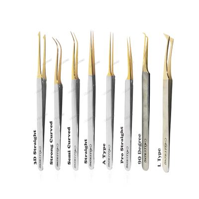 Alluring Chrome with Gold Tip Tweezers for Eyelash Extension - Set of 8 Tweezers