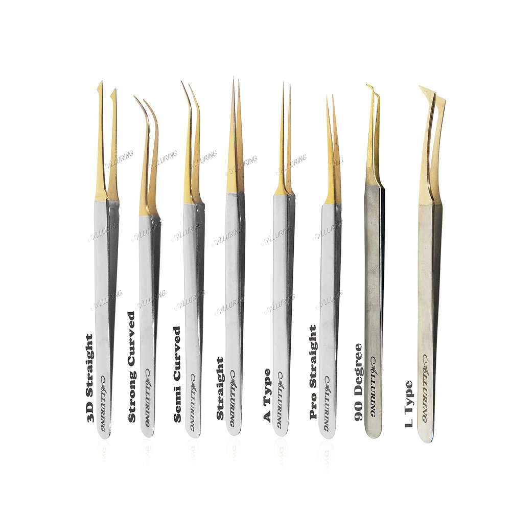 Alluring Chrome with Gold Tip Tweezers for Eyelash Extension - Set of 8 Tweezers