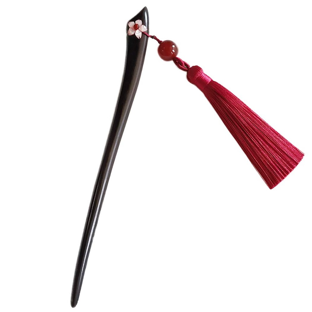FANTAC CRAFTS Ebony Handmade Carved Black Wood Hair Stick with Pink Shell Carving Sakura Flower Agate Tassel Pendant Bun Updo Hairpin (Sakura-DeepRedTassel)