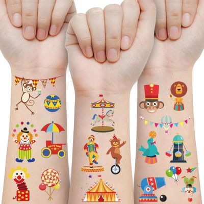 102pcs Circus Temporary Tattoos, Animal Clown Magical Fake Tattoo, Waterproof Face Body Stickers, School Rewards Prizes, Birthday Carnival Party Favor Supplies Decor