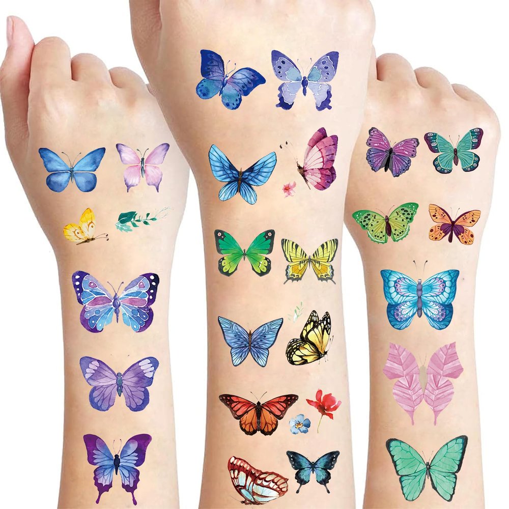 100Pcs Butterfly Wings Temporary Tattoos for Kids Adults, Colorful Butterflies Makeup Fake Tattoo for Women Girls, Waterproof Body Face Stickers Decorations, Birthday Party Favor Gifts Supplies Decor