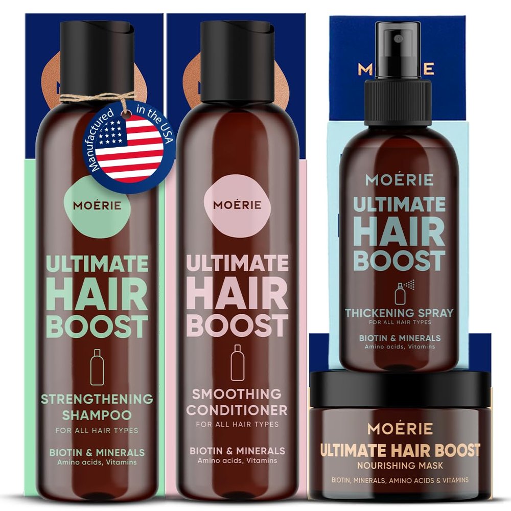 Moerie Shampoo and Conditioner Plus Hair Mask and Spray Mega Pack The Ultimate Growth Care For Longer, Thicker, Fuller Hair - Volumizing Products Paraben & Silicone Free - 4 items