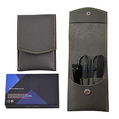 4 in 1 Nail clippers, eyebrow clip professional set, travel light and portable Grooming Kit with PU leather case (Gray)