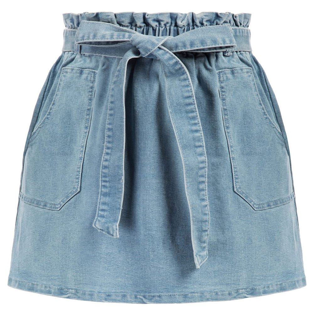 KANCY KOLE Women Short Jean Skirt Mid Rise Mini Denim Skirts Pockets Ruffle Waist Summer Skirts Light Blue M