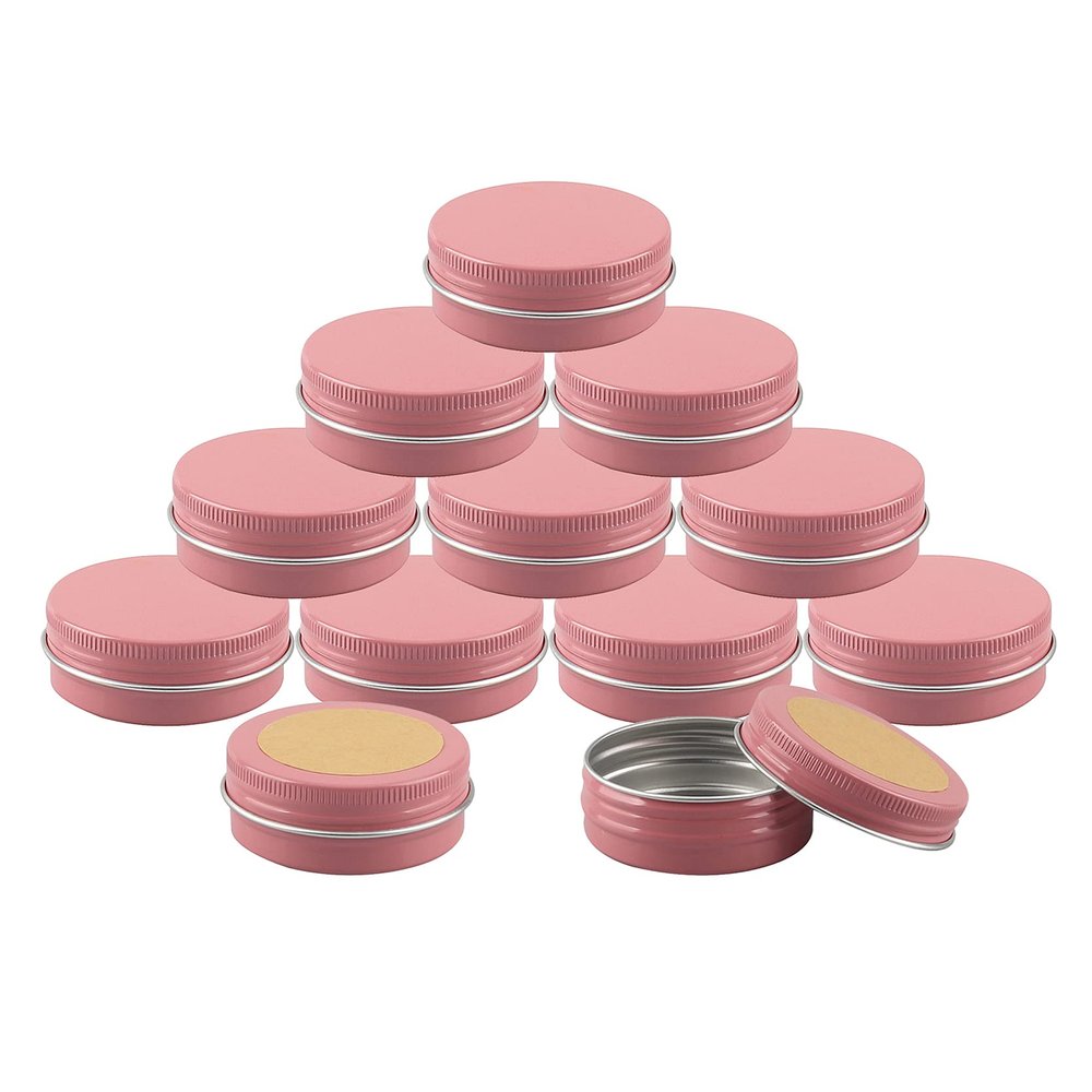 DLIBUY 24 Pcs 30ml 30g Empty Round Pink Aluminum Tin Jars with Screw Lids Cosmetics Lip Balm Containers Pots for DIY Candle Salve Powder Crafts Storage Cans 3x Alu Spoon, 24x 35cm Labels