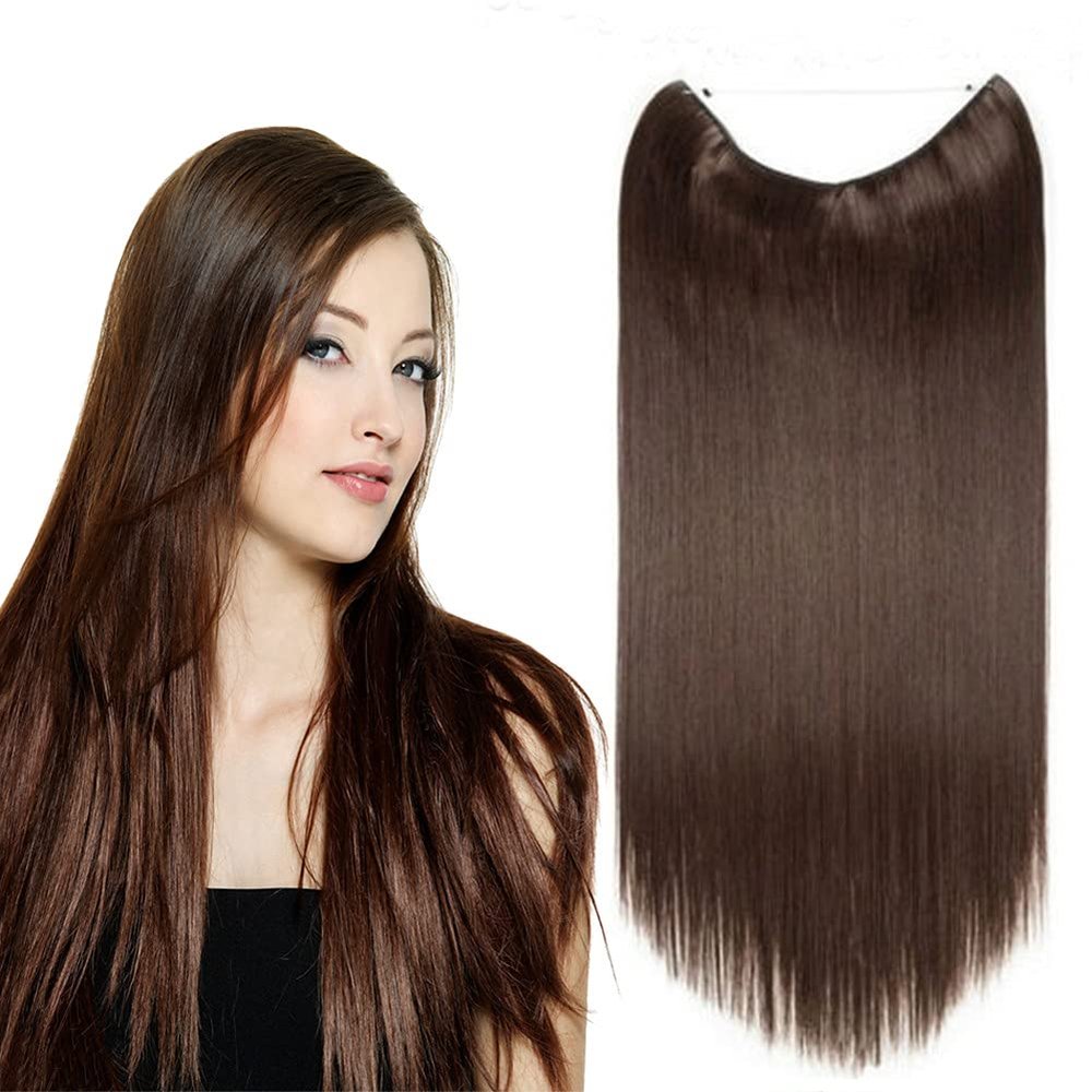RemeeHi Invisiable Hair Pieces Human Hair Straight Fish-line Wire Micro Hair Extension for Women 100g 16 Inch 25cm 4# Medium Brown