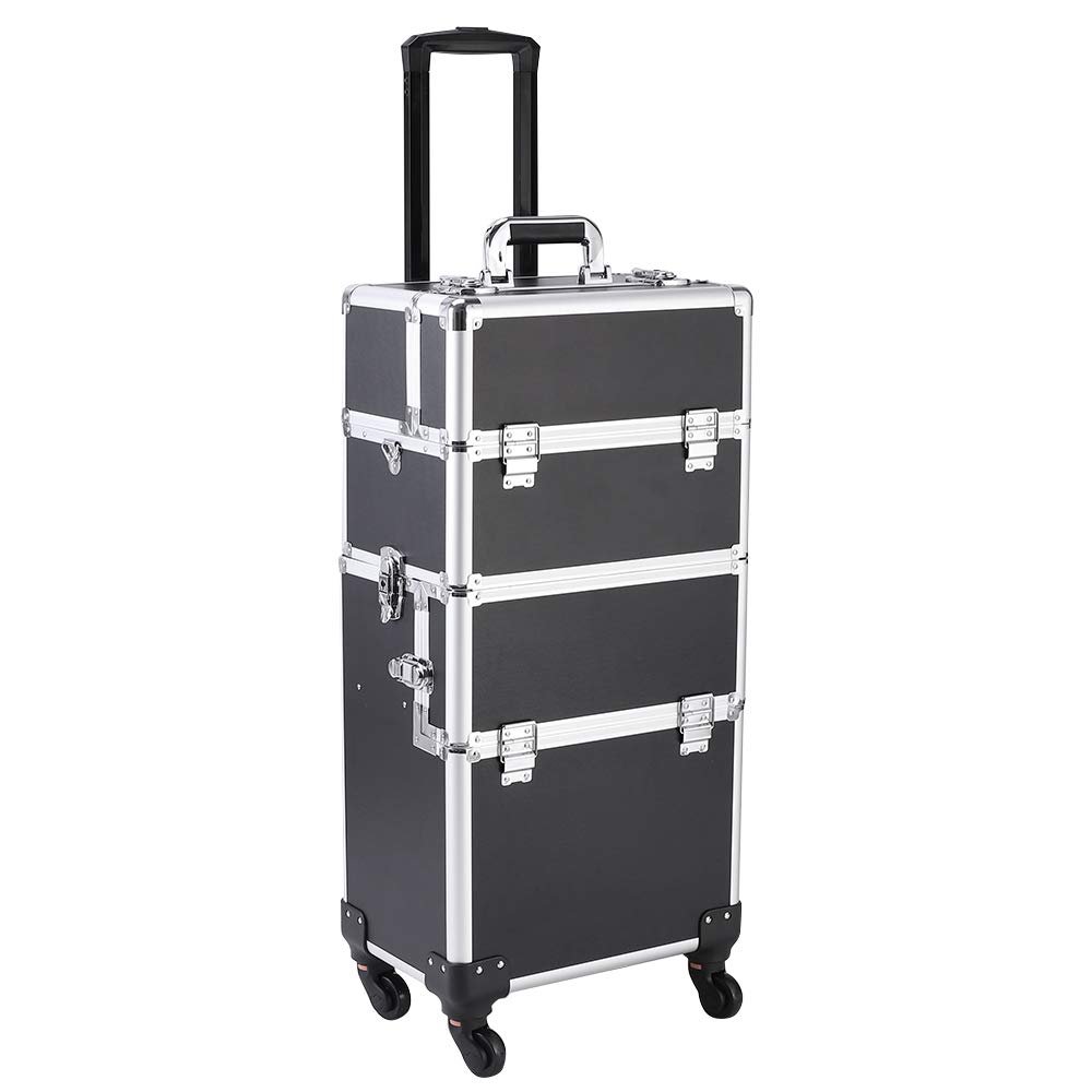 3 In 1 Aluminum Professional Rolling Cosmetic Case, Beauty Storage Trolley, Make Up Storage Organizer, Makeup Travel Case - With Wheels, Folding Trays and Large Compartments (Black)