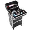 3 In 1 Aluminum Professional Rolling Cosmetic Case, Beauty Storage Trolley, Make Up Storage Organizer, Makeup Travel Case - With Wheels, Folding Trays and Large Compartments (Black) view 3