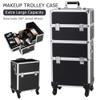 3 In 1 Aluminum Professional Rolling Cosmetic Case, Beauty Storage Trolley, Make Up Storage Organizer, Makeup Travel Case - With Wheels, Folding Trays and Large Compartments (Black) view 4