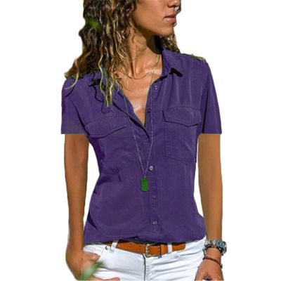 Andongnywell Women's Solid color Short Sleeve T Shirt Casual V Neck Cuffed Sleeve Button Down Blouses Top with Pocket (Purple,X-Small,)