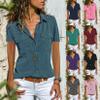 Andongnywell Women's Solid color Short Sleeve T Shirt Casual V Neck Cuffed Sleeve Button Down Blouses Top with Pocket (Purple,X-Small,) view 2
