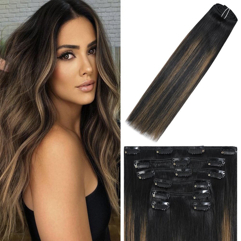 WindTouch Clip in Hair Extensions Remy Hair Natural Black to Chestnut Brown For Women 20Inch 75g Soft Human Hair 9A Grade #1BT6P1B 7PCS
