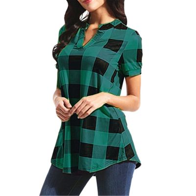 Andongnywell Women's Casual Short Sleeve Plaid Tunic T Shirt Plaid Printed V Neck Pullover Blouses Tops Blouse (Green,Medium,)