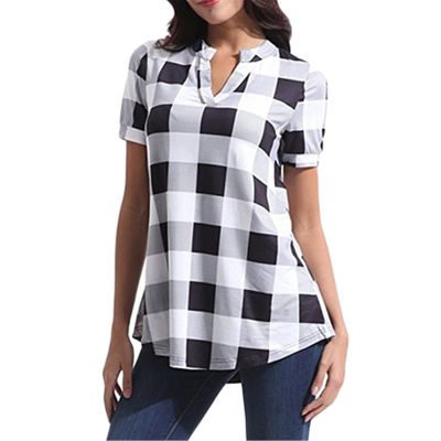 Andongnywell Womens Short Sleeve Shirt Plaid V Neck Loose Tunic Casual Tee Plaid Printed Blouses Tops (White,Large,)