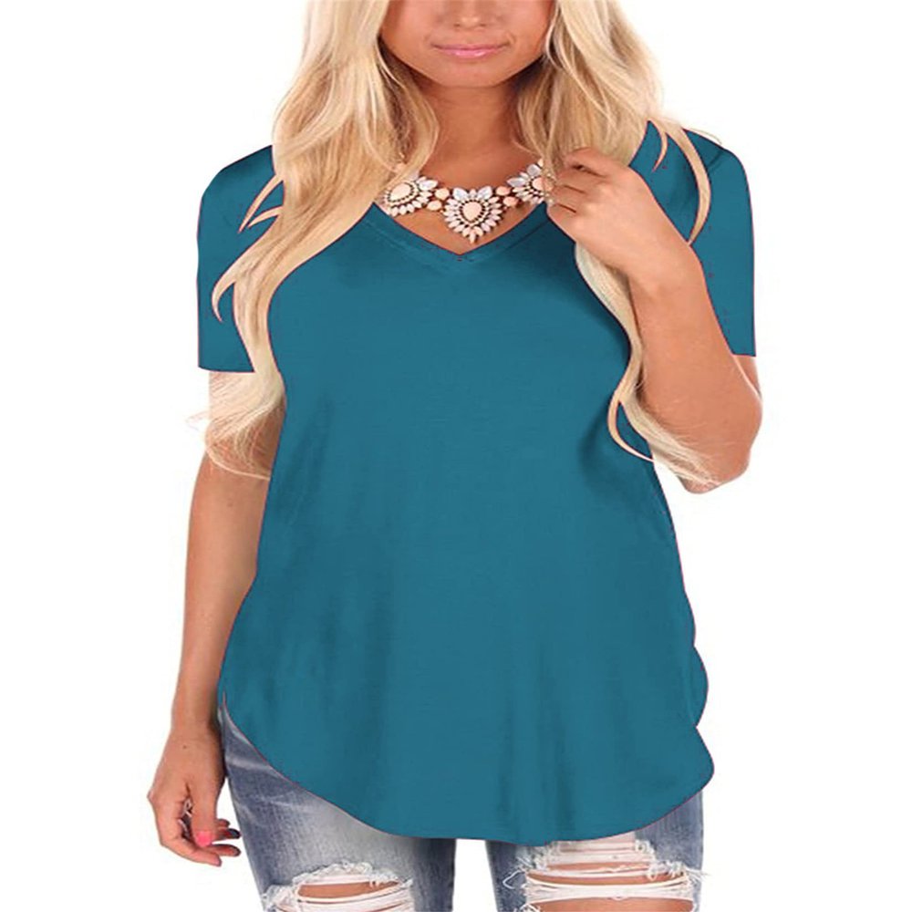 Andongnywell Women's Casual Solid color T-Shirts Short Sleeve V Neck Loose Summer Casual Tunic Tops Blouse (Light Blue,XX-Large,)