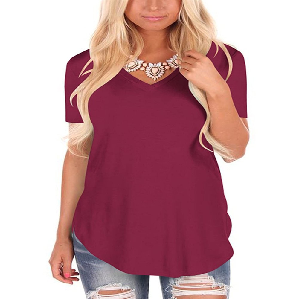 Andongnywell Women's Casual Solid color T-Shirts Short Sleeve V Neck Loose Summer Casual Tunic Tops Blouse (Wine Red,Large,)