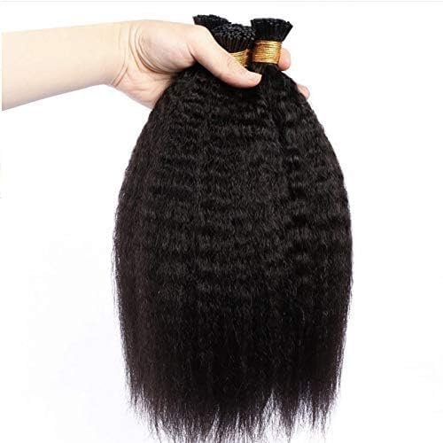 Kinky Straight I Tip Human Hair Extension Pre Bonded Brazilian Remy Hair Micro Links Coarse Italian Yaki Keratin Stick I Tip Hair For Black Women 100g 100strands (16 inch 100strands, #1(jet Black))