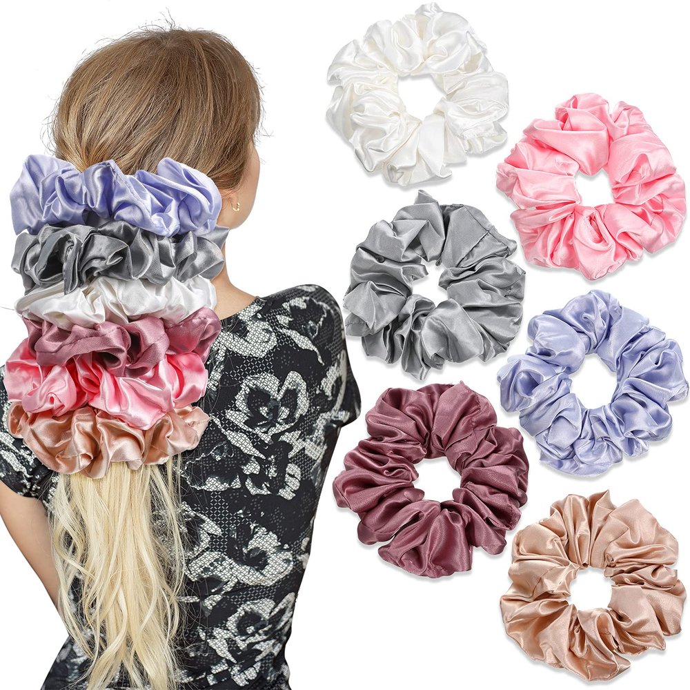 Chuangdi 6 Pieces Big Satin Scrunchies for Women, Jumbo Silk Scrunchies Thick Elastic Jumbo Hair Tie(Champagne, White, Silver Grey, Light Pink, Bean Red, Light Blue)