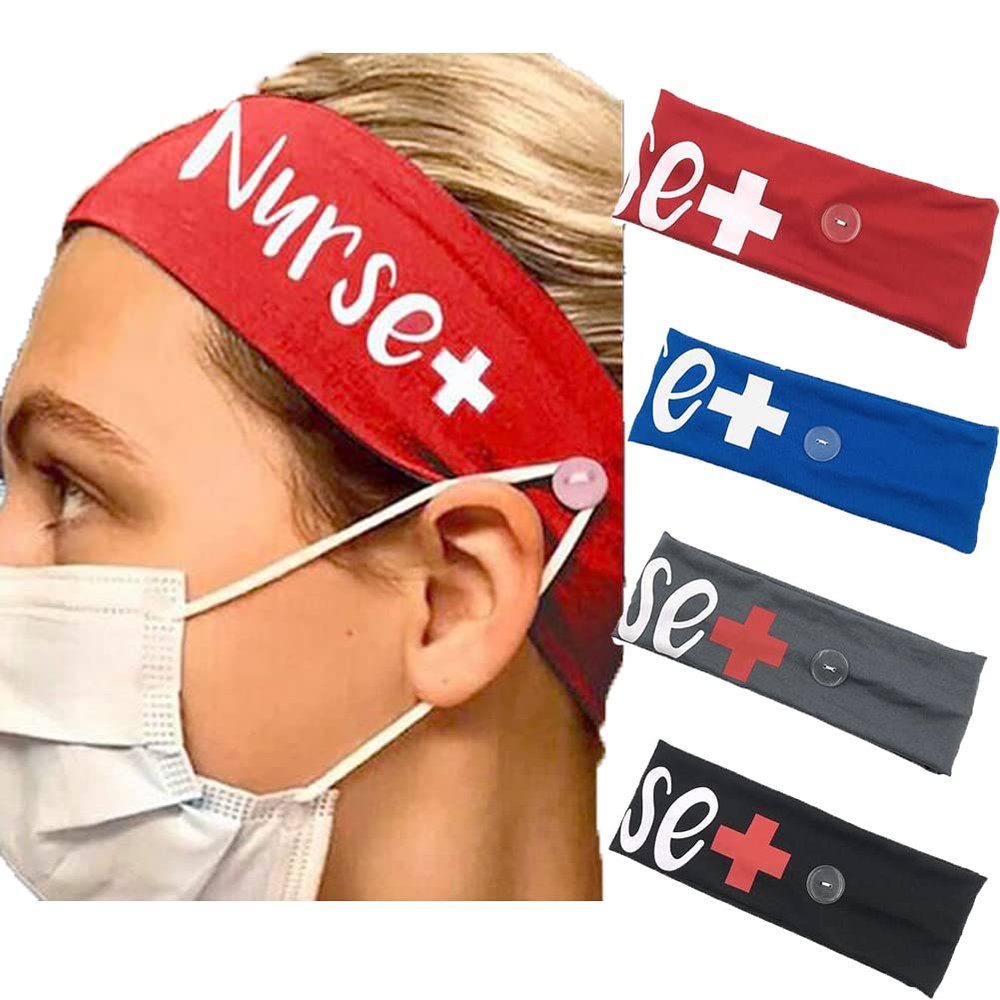 Alsmiley 4 Pack Women Button Headbands for Nurse Ear Protection Headwraps Elastic Breathable Head Band Face Mask Holder Head Wrap Sport Workout Hair Bands Buttons Headband Hair Accessories for Yoga Sports Nurse