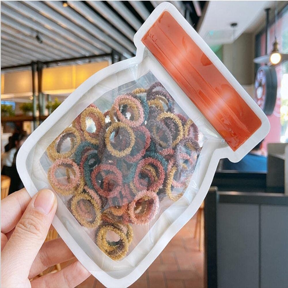 Milk Cup Ziplock Bag Carrying Bag Children's Color 100 Simple Small Rubber Bands Children's Hair Accessories Set (Dark yellow red)