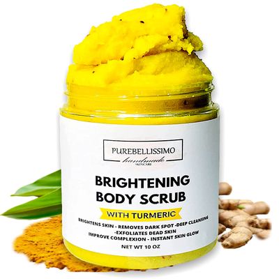 Turmeric Skin Brightening Scrub for Dark Spots, Dark Inner Thighs Bikini Area Underarms, Natural Exfoliating Turmeric Face Scrub ALL NATURAL 10OZ