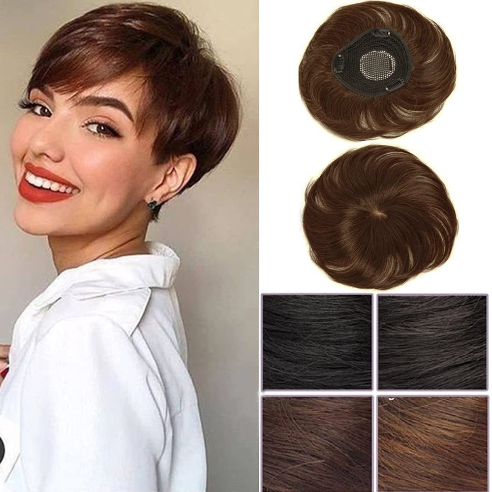 AiUree Short Human Hair Toppers Light Brown Color Seamless 4.3 inch x 4.3 inch Silktop Head Spin Wiglet Hairpiece Toupee Clip in Topper Hair Piece for Women Covering Grey & Thinning Hair