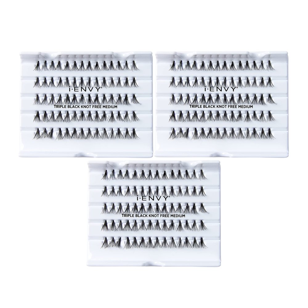 iENVY by KISS Knot Free Triple Black Individual Lashes (Medium) 3 Pack 3X More Volume