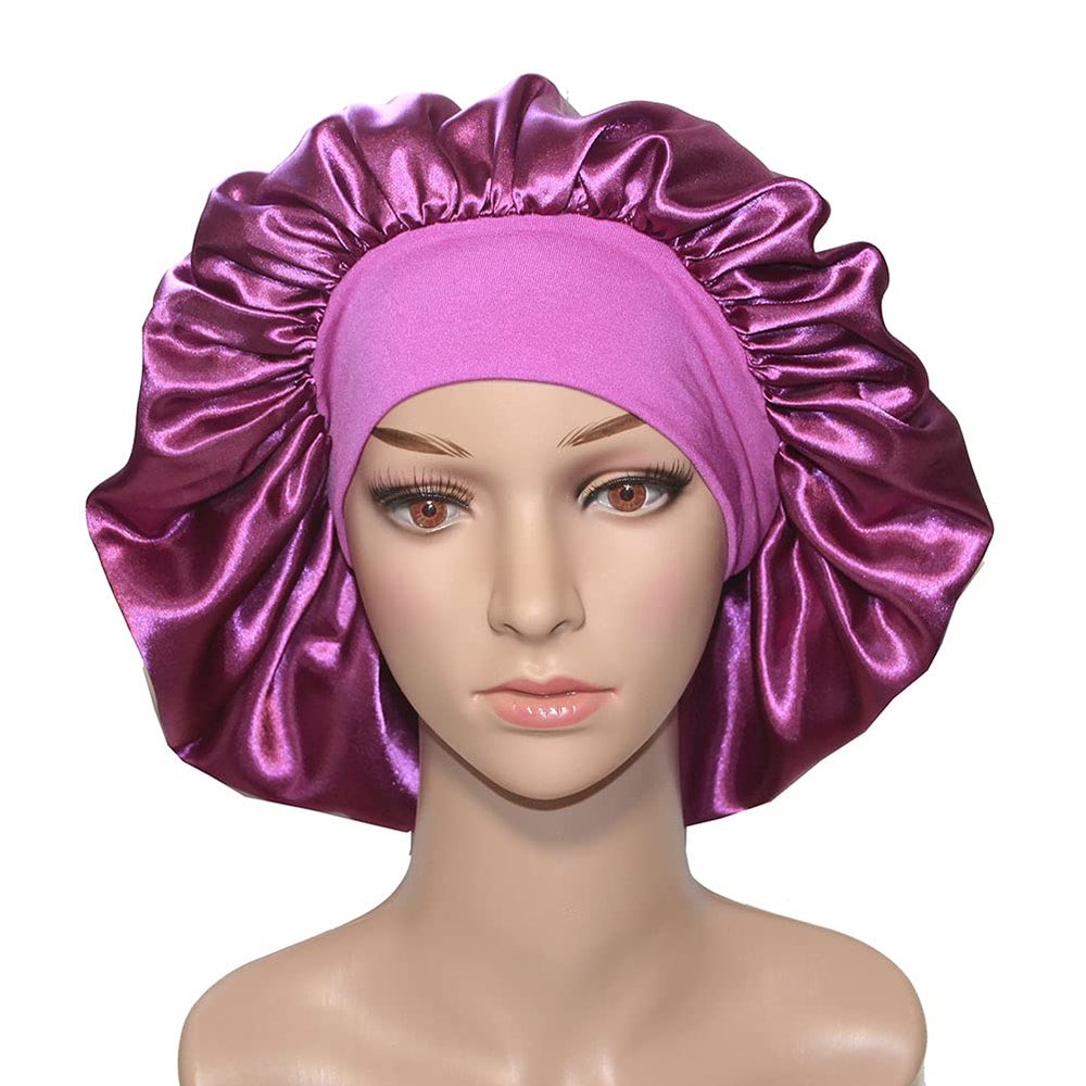 VEYRNEIC Hair Satin Bonnet for Sleeping Shower Caps Silk Chemo Caps with Wide Elastic Band Night Sleep Cap Bonnets for Black Women Braids (Dark Purple)