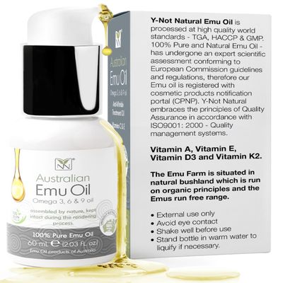 Y Not Natural Pure Emu Oil - Organic Moisture for Face, Body, Hair, Scalp & Nails - Rich in Omega 3-6-9, Vitamins & Essential Minerals - Australian Emu Oil (60ml) 2.03 fl oz -Unscented