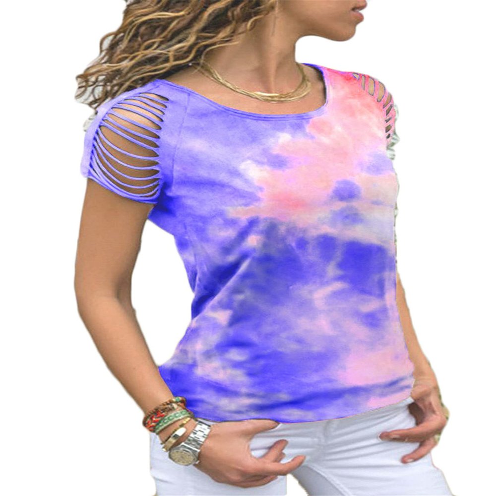 Andongnywell Women's Simple Crewneck Off shoulder short sleeve T-shirt Casual Solid Tie Dye Pullover Tops Shirts (Blue,Large,)