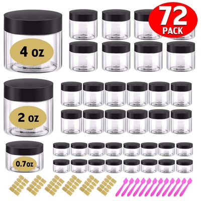 AMORIX 72pcs Plastic Jars with Black Lids Including 0.7oz, 2oz and 4oz