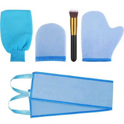 Boao 5 Pieces Self Tanning Mitt Applicator Kit, Includes Tanning Mitt, Exfoliating Glove, Mini Face Glove, Back Lotion Applicator, and Large Brush Makeup(Blue)
