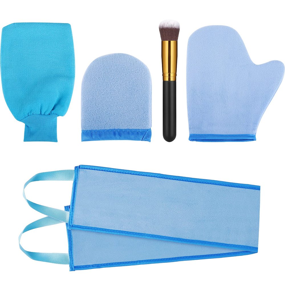 Boao 5 Pieces Self Tanning Mitt Applicator Kit, Includes Tanning Mitt, Exfoliating Glove, Mini Face Glove, Back Lotion Applicator, and Large Brush Makeup(Blue)