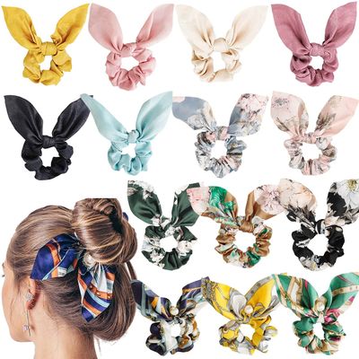 14 PCS Hair Scrunchies with Bow, Satin Silk Scrunchies with Rabbit Bunny Ear BowKnot Scrunchie Bobbles Elastic Hair Ties Hair Hands Soft Elegant Ponytail Holder for Women Girls Hair Accessories Gift