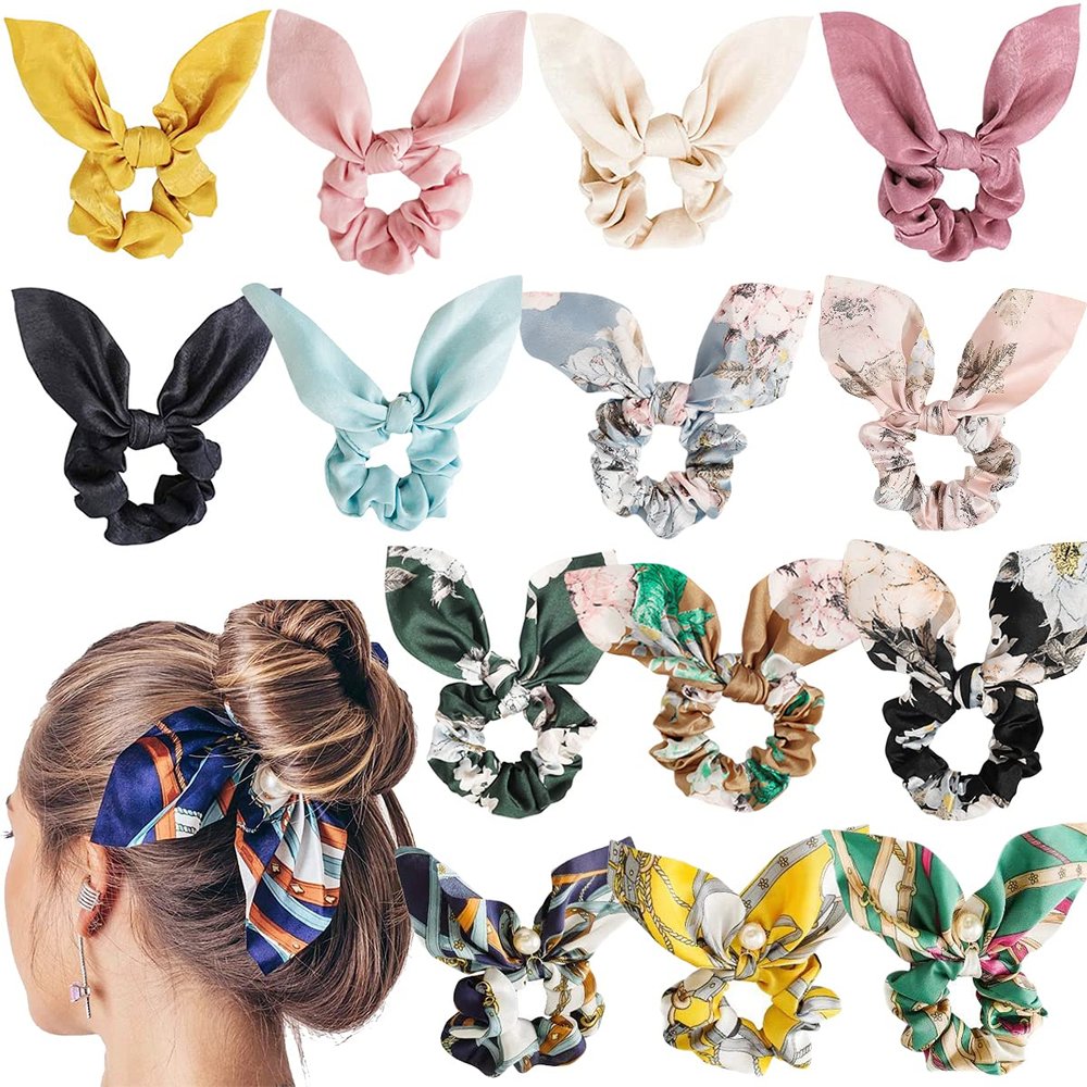 14 PCS Hair Scrunchies with Bow, Satin Silk Scrunchies with Rabbit Bunny Ear BowKnot Scrunchie Bobbles Elastic Hair Ties Hair Hands Soft Elegant Ponytail Holder for Women Girls Hair Accessories Gift