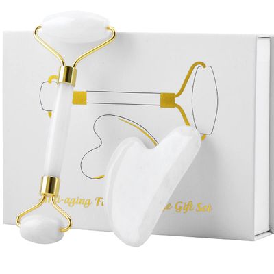 Fonture Jade Roller and Gua Sha Tool Set, Facial Beauty Roller Natural White Jade Massage Tool Skin Care Kit for Face Eyes Neck and Body