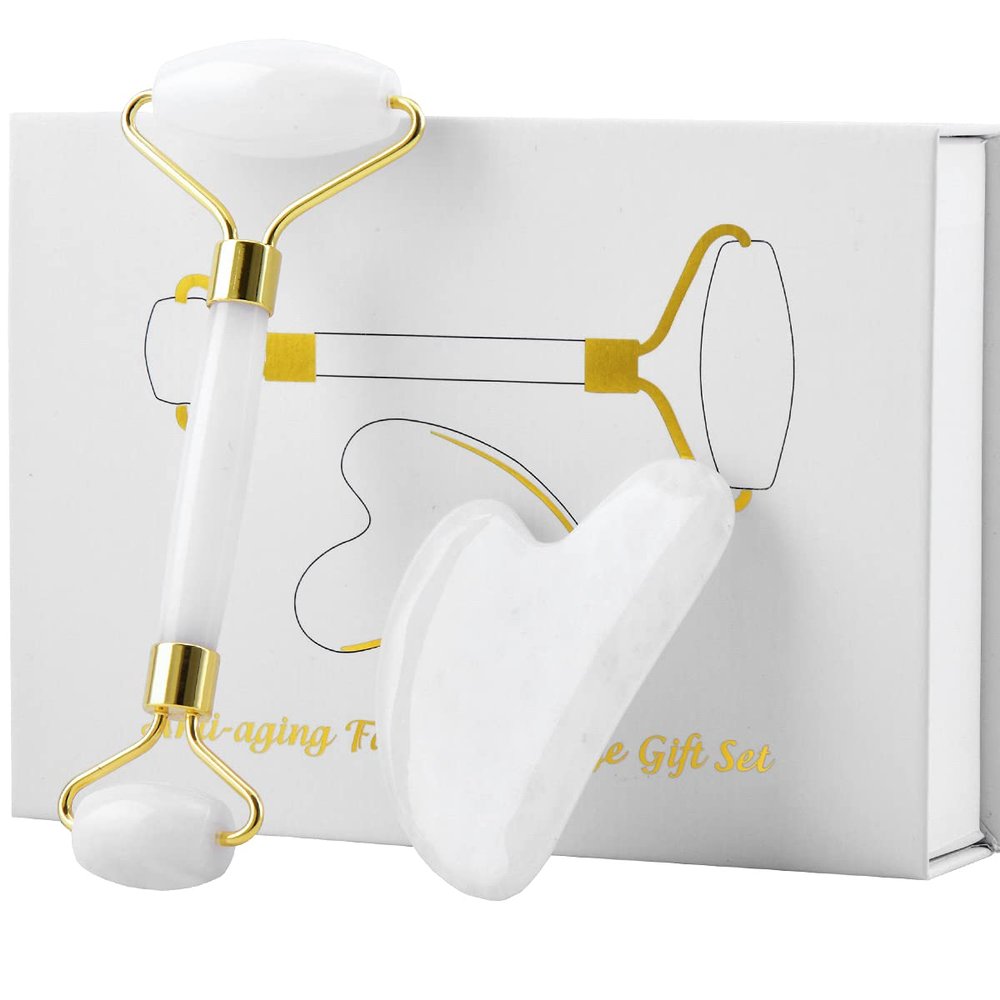 Fonture Jade Roller and Gua Sha Tool Set, Facial Beauty Roller Natural White Jade Massage Tool Skin Care Kit for Face Eyes Neck and Body