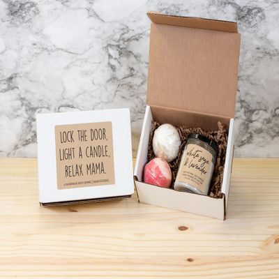 Lock The Door, Light A Candle, Relax Mama Gift Set - Two Bath Bombs & One 6oz Soy Candle (Eucalyptus Spearmint)