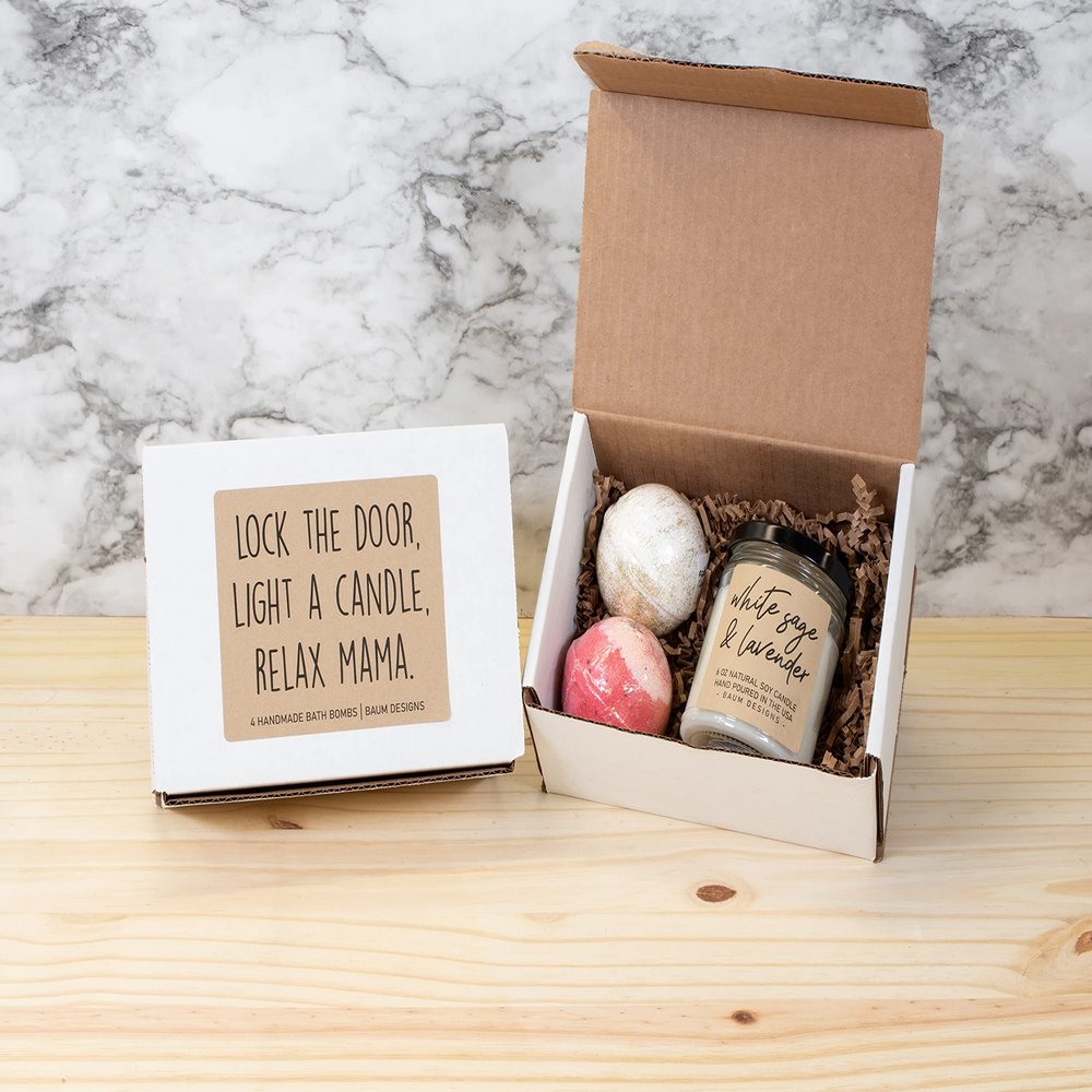 Lock The Door, Light A Candle, Relax Mama Gift Set - Two Bath Bombs & One 6oz Soy Candle (Eucalyptus Spearmint)